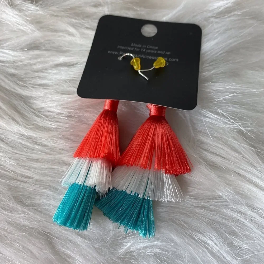 Hot Pink, White and Turquoise Tassel Earrings